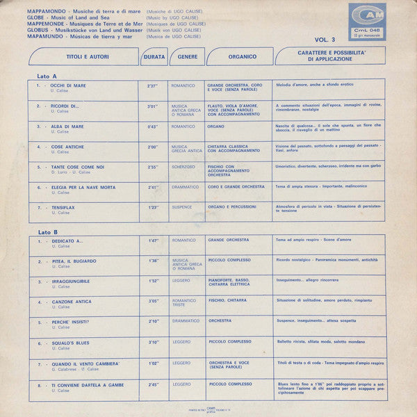 Ugo Calise : Mappamondo (Musiche Di Terra E Di Mare), Vol. 3 (LP)