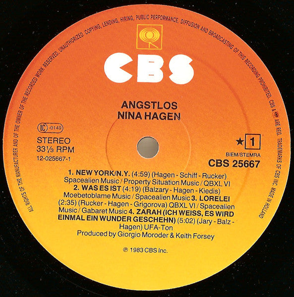Nina Hagen : Angstlos (LP, Album, Sun)