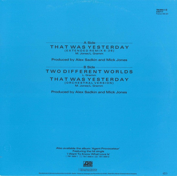 Foreigner : That Was Yesterday (12")