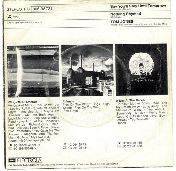 Tom Jones : Say You'll Stay Until Tomorrow (7", Single)