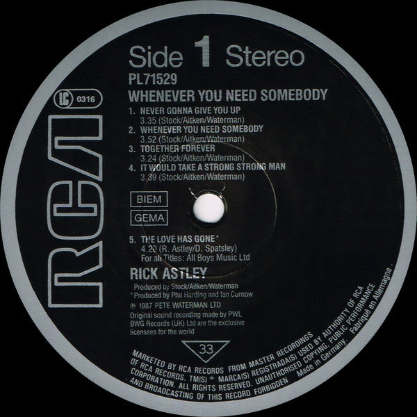 Rick Astley : Whenever You Need Somebody (LP, Album)