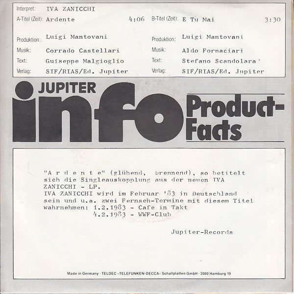 Iva Zanicchi : Ardente (7", Single, Promo)