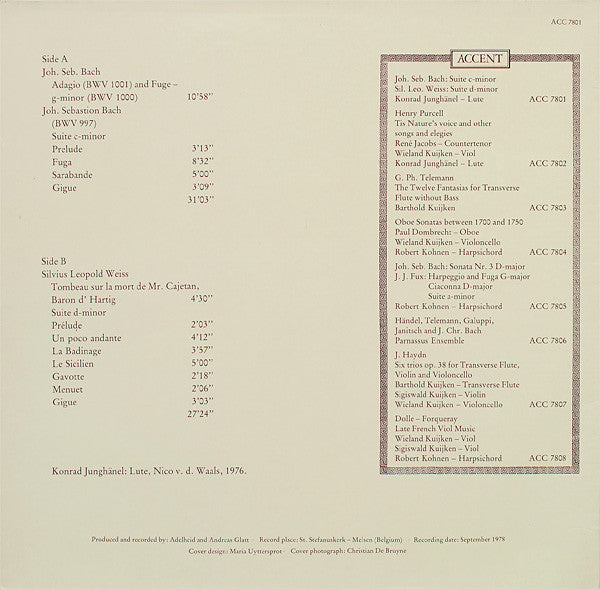 Joh. Seb. Bach* / Sil. Leo. Weiss*, Konrad Junghänel : German Lute Music Of The Eighteenth Century (LP)