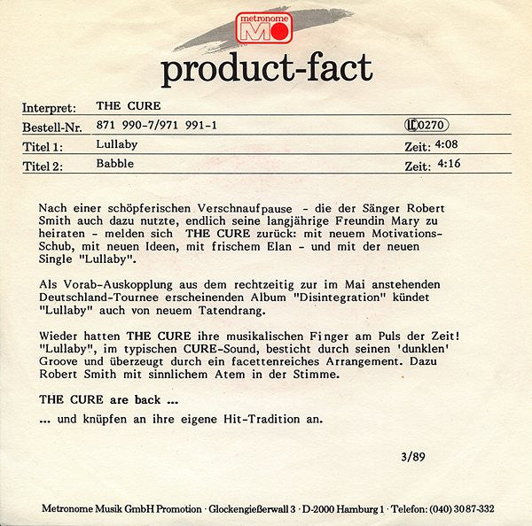 The Cure : Lullaby (7", Single, Promo)