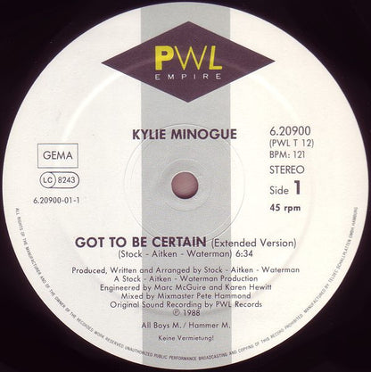 Kylie Minogue : Got To Be Certain (12", Maxi)