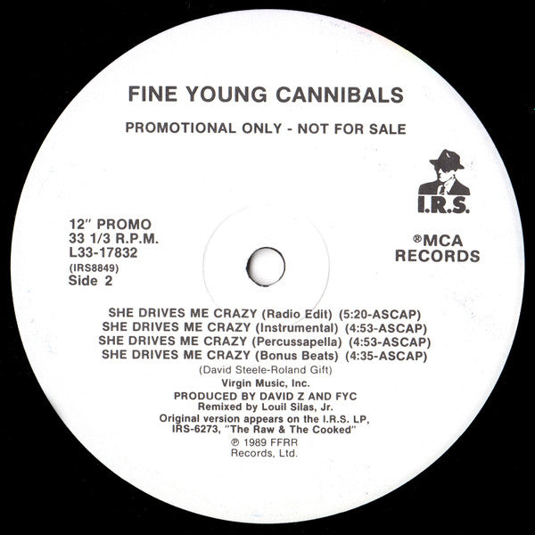 Fine Young Cannibals : She Drives Me Crazy (12", Promo)