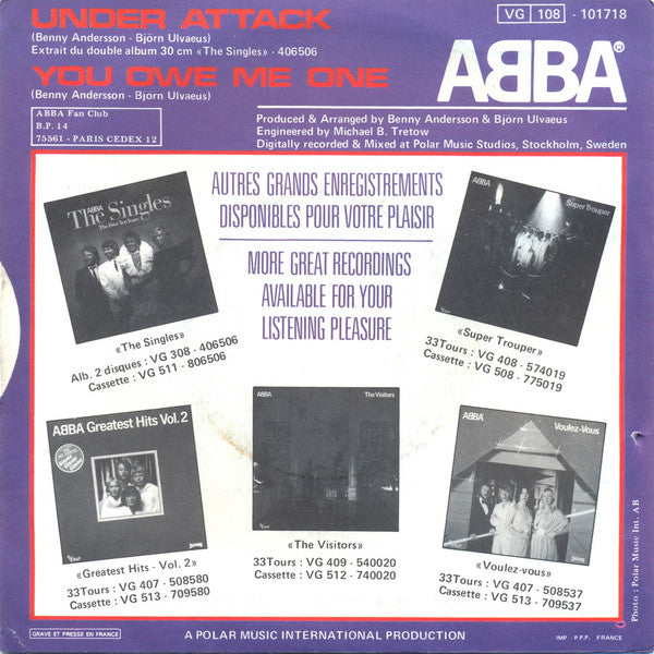 ABBA : Under Attack / You Owe Me One (7", Single, Sil)