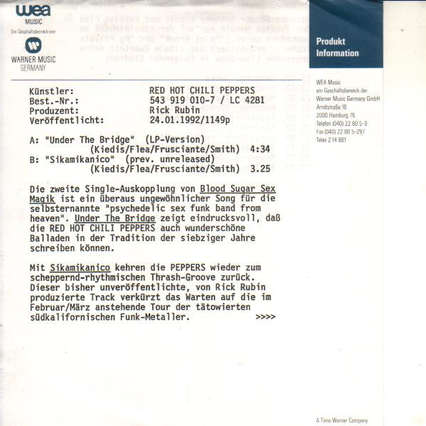 Red Hot Chili Peppers : Under The Bridge (7", Single, Sol)