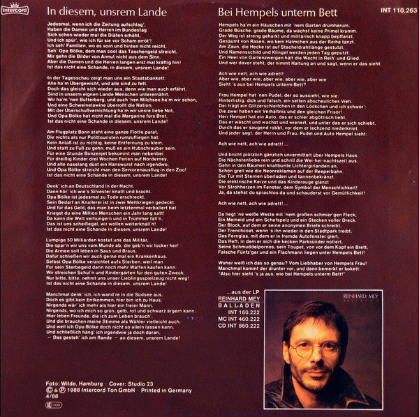 Reinhard Mey : In Diesem, Unsrem Lande / Bei Hempels Unterm Bett (7", Single)