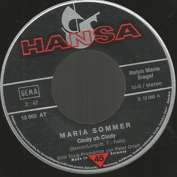 Maria Sommer : Cindy Oh Cindy (7", Single)
