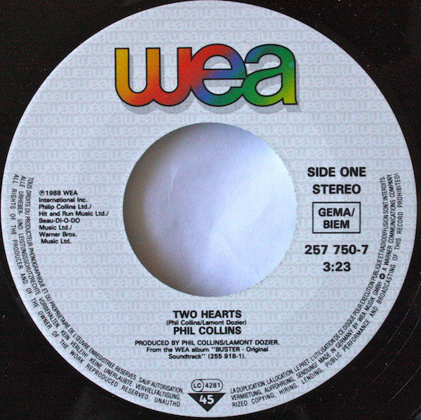 Phil Collins : Two Hearts (7", Single)