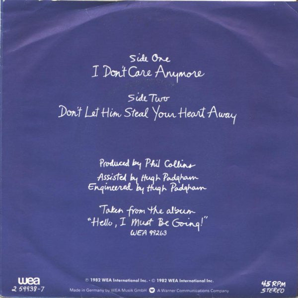 Phil Collins : I Don't Care Anymore (7", Single)