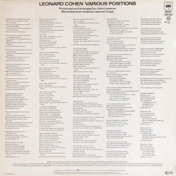 Leonard Cohen : Various Positions (LP, Album, RP)