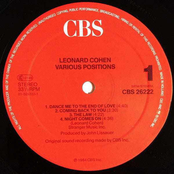 Leonard Cohen : Various Positions (LP, Album, RP)