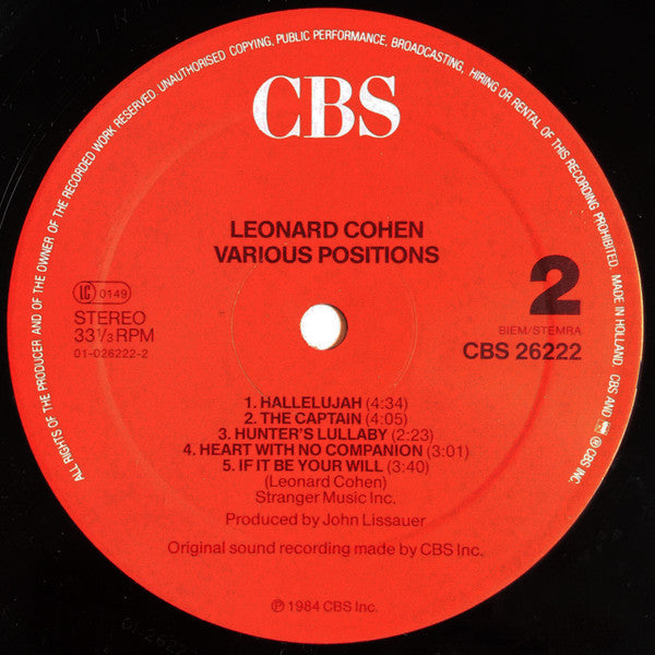 Leonard Cohen : Various Positions (LP, Album, RP)