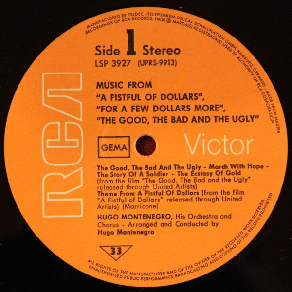 Hugo Montenegro And His Orchestra : Music From 'A Fistful Of Dollars', 'For A Few Dollars More' & 'The Good, The Bad And The Ugly' (LP, Album, RP)