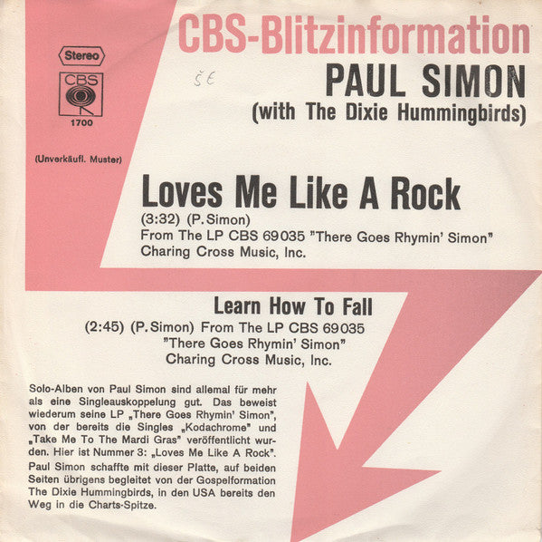 Paul Simon With The Dixie Hummingbirds : Loves Me Like A Rock (7", Single, Promo)