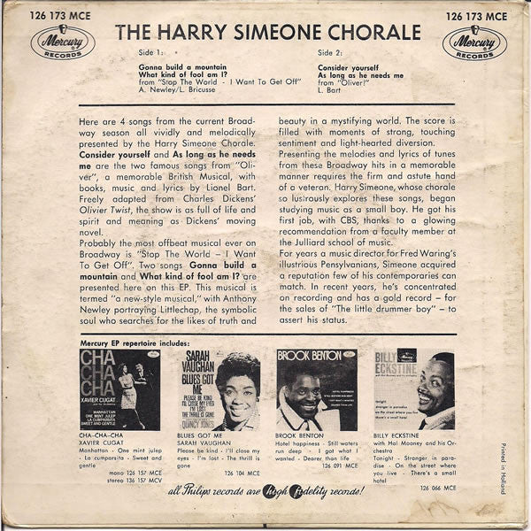 The Harry Simeone Chorale : Stop The World - I Want To Get Off / Oliver! (7", EP, Mono)
