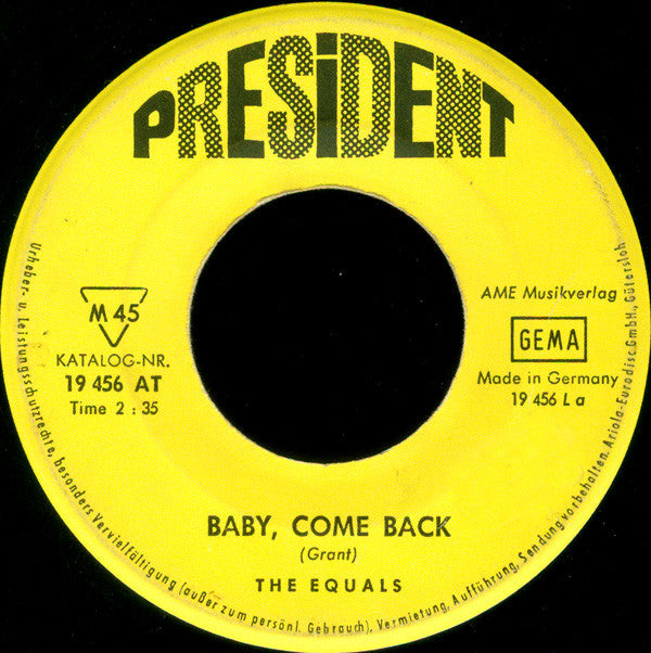 The Equals : Baby, Come Back / Hold Me Closer (7", Single, Mono)