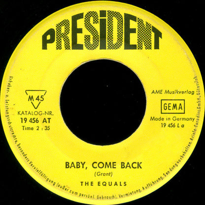 The Equals : Baby, Come Back / Hold Me Closer (7", Single, Mono)