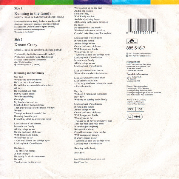Level 42 : Running In The Family (7", Single, Sil)