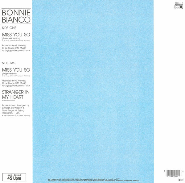 Bonnie Bianco : Miss You So (12", Maxi)