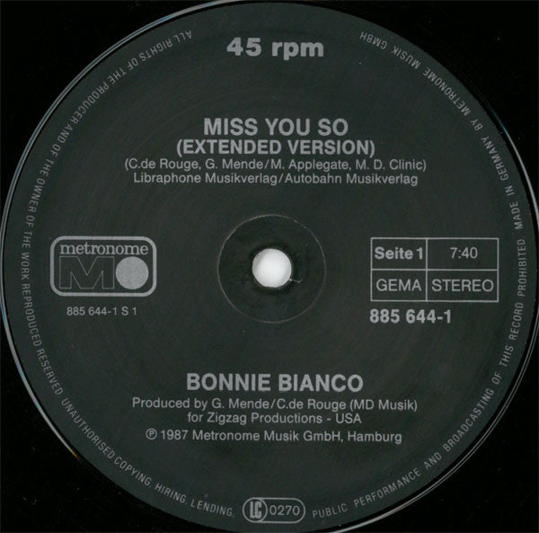Bonnie Bianco : Miss You So (12", Maxi)