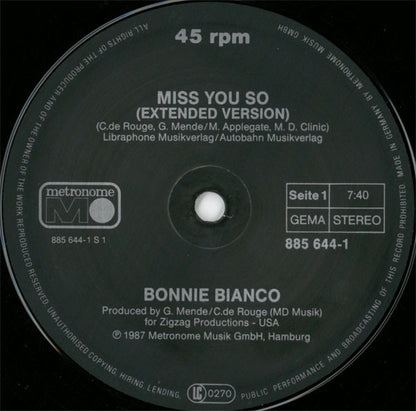 Bonnie Bianco : Miss You So (12", Maxi)
