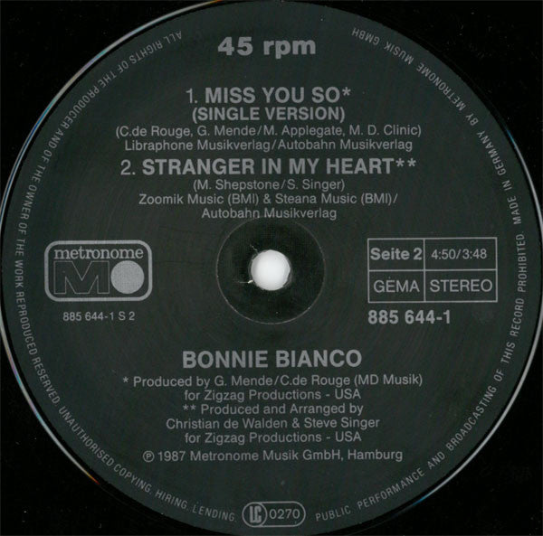 Bonnie Bianco : Miss You So (12", Maxi)