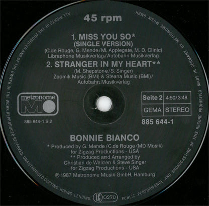 Bonnie Bianco : Miss You So (12", Maxi)