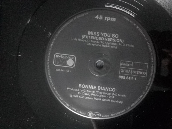 Bonnie Bianco : Miss You So (12", Maxi)