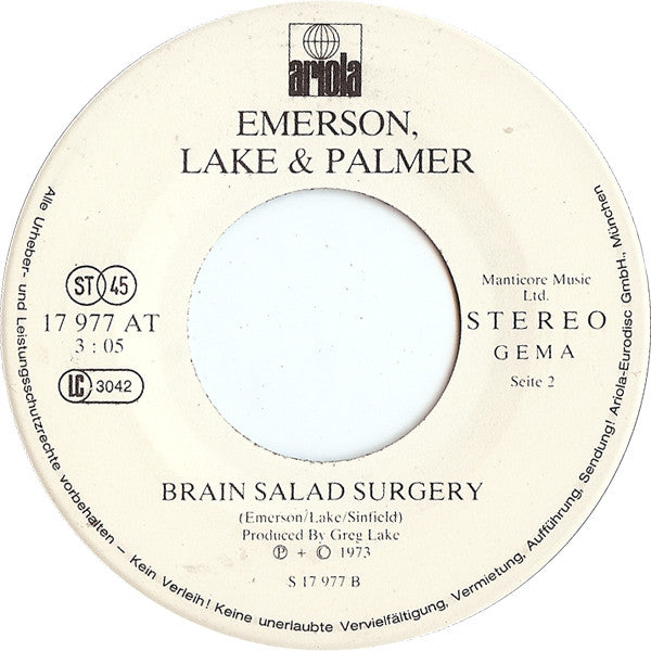 Emerson, Lake & Palmer : Fanfare For The Common Man / Brain Salad Surgery (7", Single)