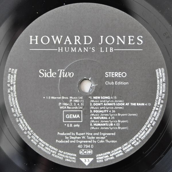 Howard Jones : Human's Lib (LP, Album, Club)