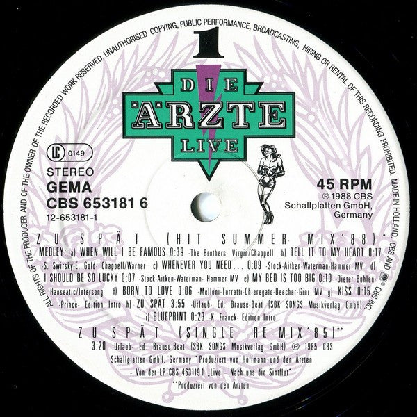Die Ärzte : Zu Spät (Hit Summer Mix '88) (12", Maxi)