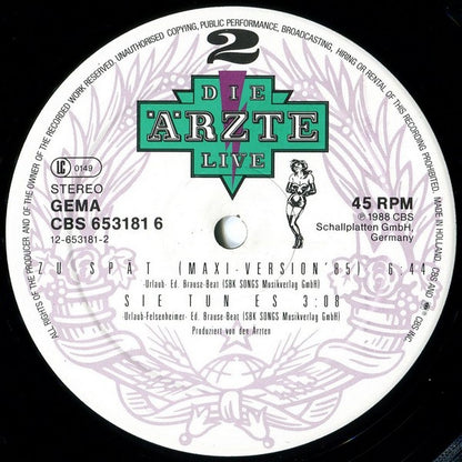 Die Ärzte : Zu Spät (Hit Summer Mix '88) (12", Maxi)