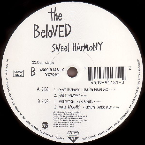 The Beloved : Sweet Harmony (12")