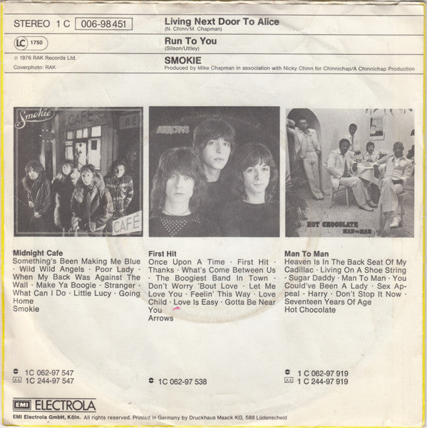 Smokie : Living Next Door To Alice (7", Single, EMI)