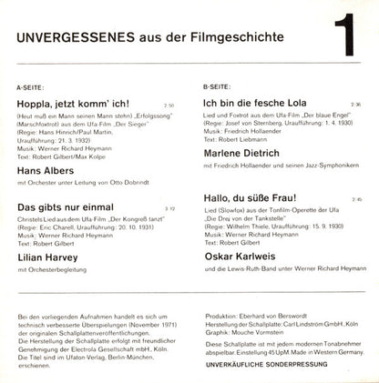 Various : Unvergessenes Aus Der Filmgeschichte (7", Promo, S/Edition)