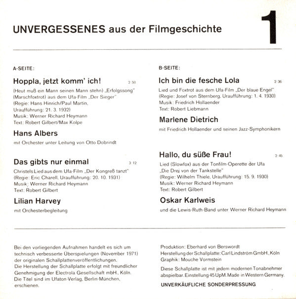 Various : Unvergessenes Aus Der Filmgeschichte 1 (Spezialitäten Aus Unseren Verlagen) (7", Promo, S/Edition)