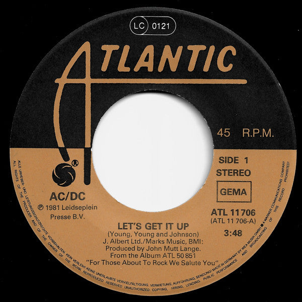 AC/DC : Let's Get It Up / Back In Black (Recorded Live 1981) (7", Single)
