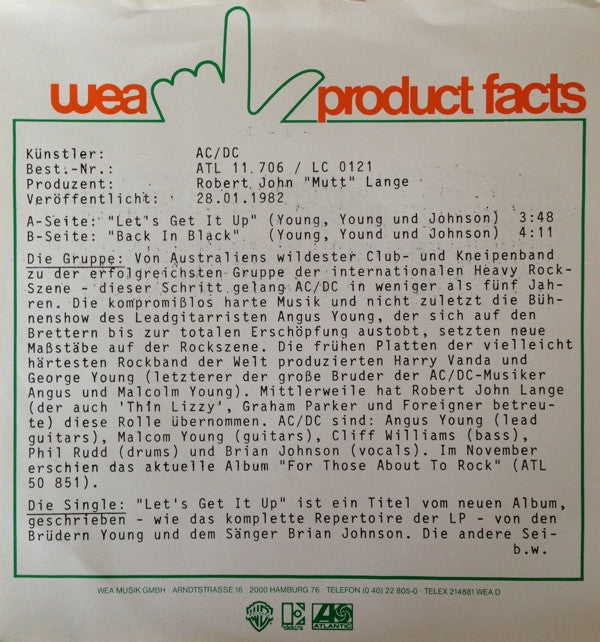 AC/DC : Let's Get It Up / Back In Black (Recorded Live 1981) (7", Single)