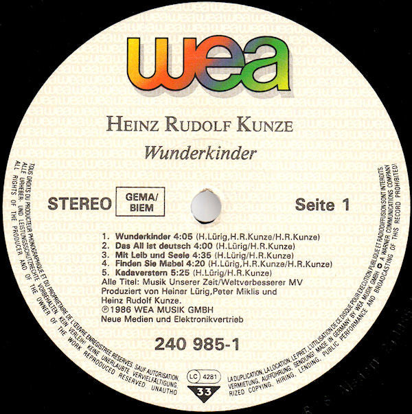 Heinz Rudolf Kunze : Wunderkinder (LP, Album, RSA)
