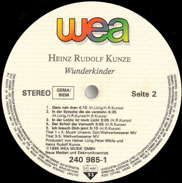 Heinz Rudolf Kunze : Wunderkinder (LP, Album, RSA)