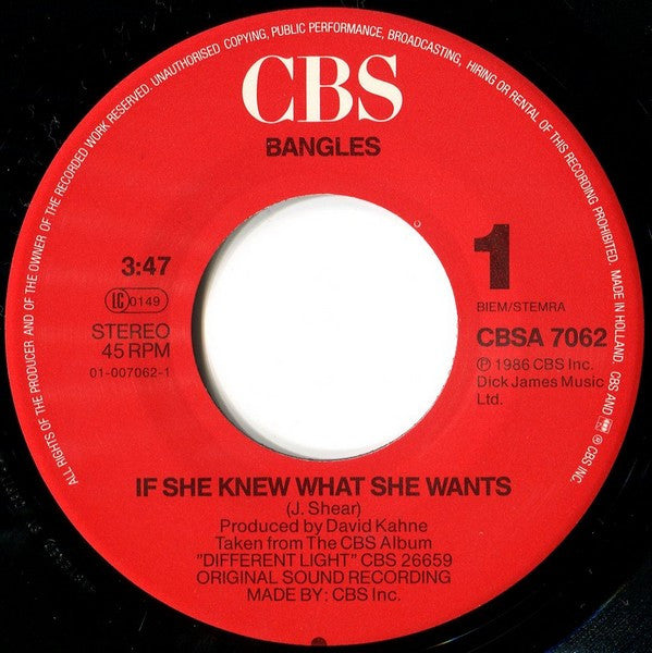 Bangles : If She Knew What She Wants (7", Single, Cap)