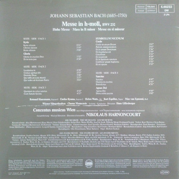 J. S. Bach* - Nikolaus Harnoncourt, Kurt Equiluz, Max van Egmond, Wiener Sängerknaben*, Chorus Viennensis, Concentus Musicus Wien : Messe In H-Moll, BWV 232 - Mass In B Minor - Messe En Si Mineur (2xLP, Album, RE, Gat)