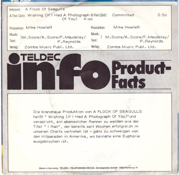 A Flock Of Seagulls : Wishing (If I Had A Photograph Of You) (7", Single, Promo)