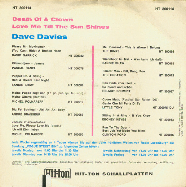 Dave Davies : Death Of A Clown (7", Single)