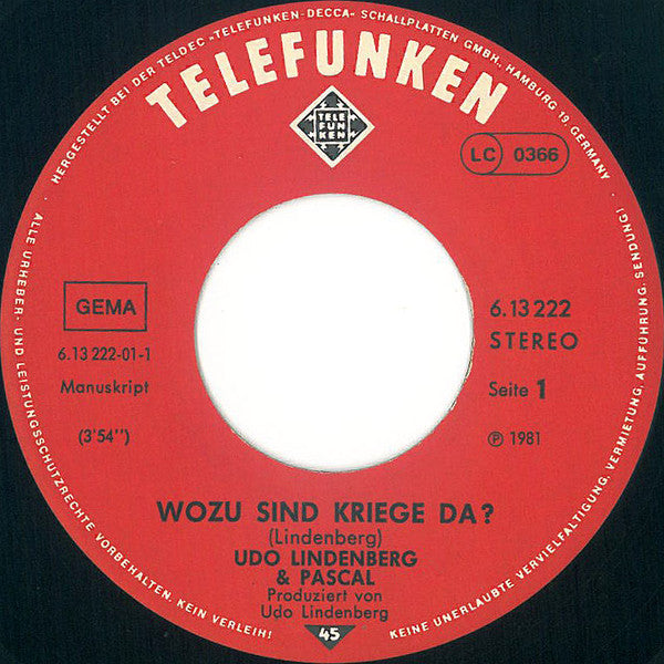 Udo Lindenberg & Pascal Kravetz : Wozu Sind Kriege Da? (7", Single)