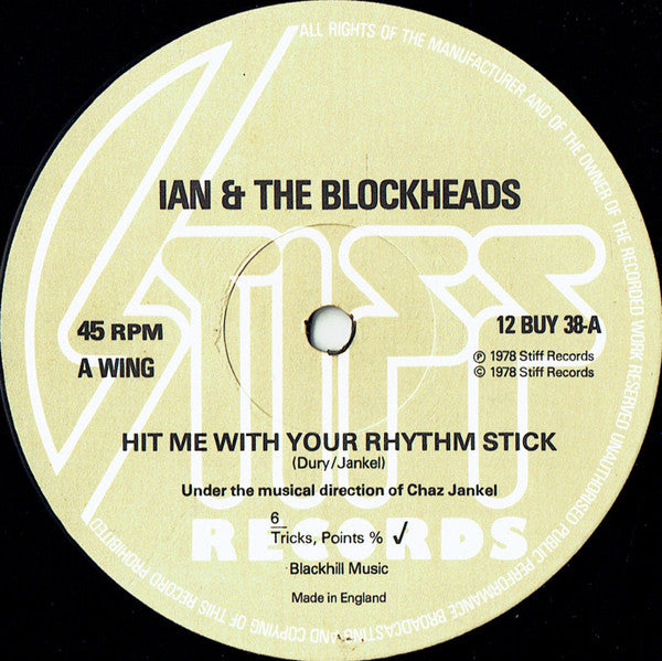 Ian & The Blockheads* : Hit Me With Your Rhythm Stick (12", Single, RE, RP)