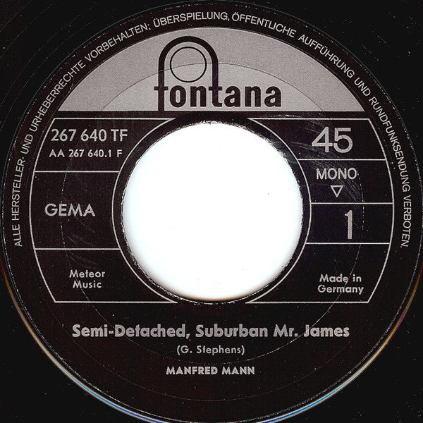 Manfred Mann : Semi-Detached, Suburban Mr. James / Morning After The Party (7", Single, Mono)